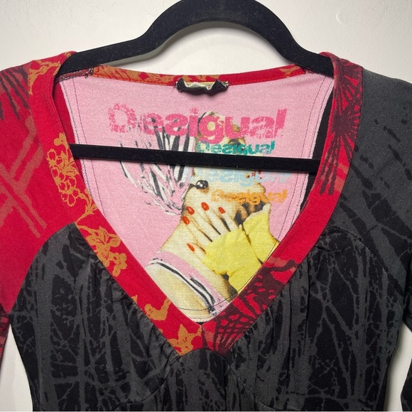 Desigual Women’s black Red Vintage long sleeve V neck A line Dress in size M - Picture 4 of 10